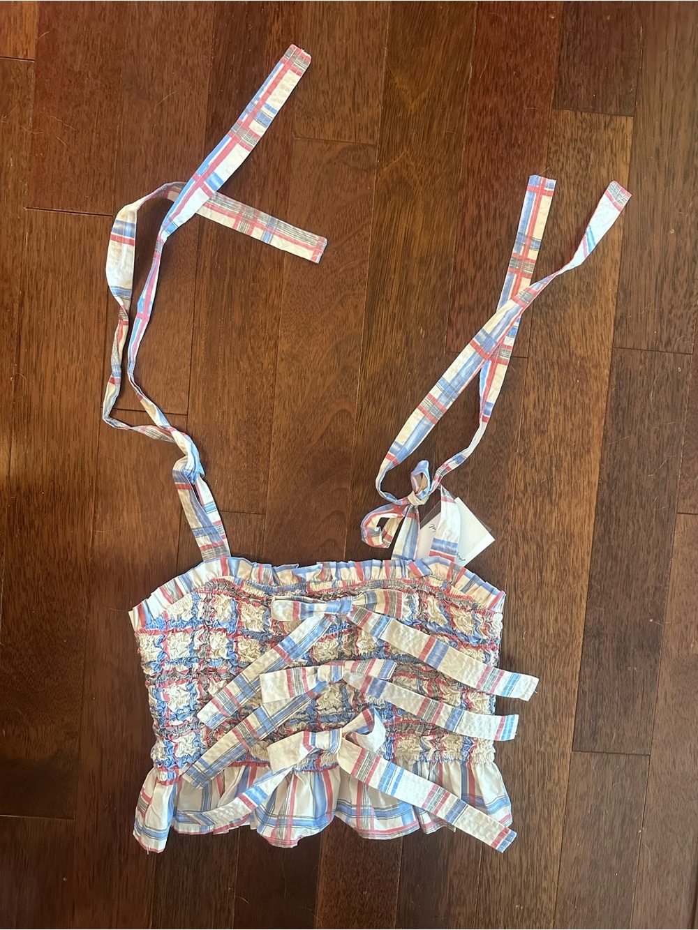 🆕 Jacqui E Plaid Smocked Tube / Crop Top in Red, Blue & Cream